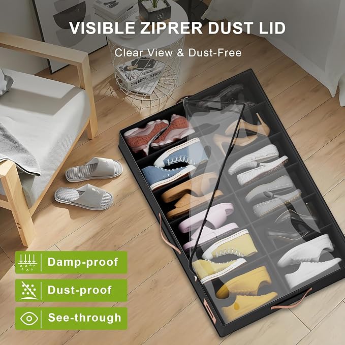 Shoe Organizer Under Bed, Fits 32 Pairs, Under bed Shoe Storage Boxes with Study Handles and Clear Cover, zapateras organizer for shoes, set of 2