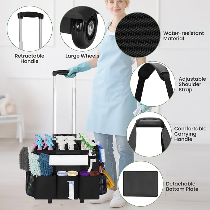 Large Rolling Cleaning Caddy with Detachable Trolley for Housekeeper | Large Capacity Cleaning Supply Organizer Bag with Wheels, Multiple Pockets, Water-resistant
