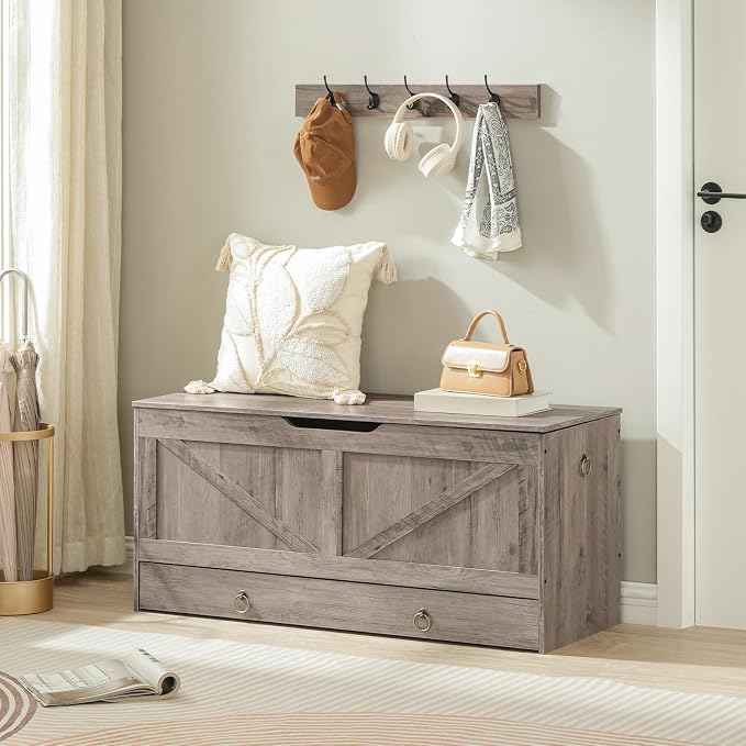 HOOBRO Storage Chest, 43.3" Toy Chest with Drawer, Wooden Storage Bench, Sturdy Entryway Bench Supports 220 lb, Shoe Bench, Safety Hinge, U-Shaped Opening, Easy Assembly, Greige BG711CW01G2