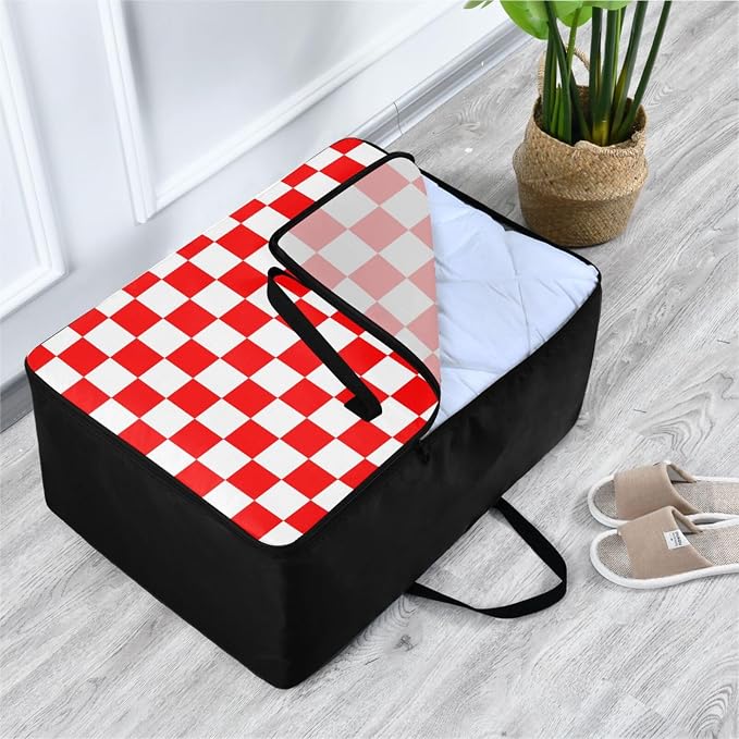 Comforter Storage Bags Large Folding Blanket Organizer Bag with Strong Handles Clear Window Closet Storage Containers for Clothes King Queen Pillows Bedding Quilt Duvet Checkered Red and White