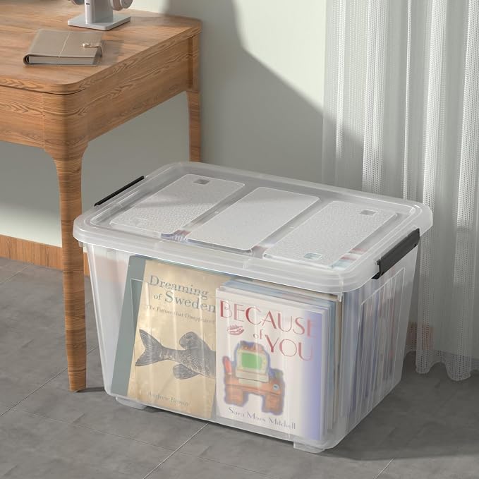 70 L Large Clear Storage Box, 4-Pack Storage Bin with Lid & Wheels | Durable Plastic Material, with Black Latches