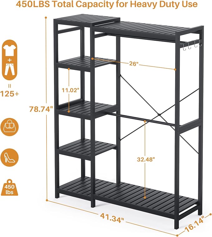Bamboo Closet System, Heavy Duty Clothing Rack for Hanging Clothes, Freestanding Clothes Rack with 7 Adjustable Shelves & 2 Rods, 4 Hooks, Open Wardrobe Organizer Garment Rack, Dark Black | Freestanding Clothes Rack with 7 Adjustable Shelves, 2 Rods, 4...