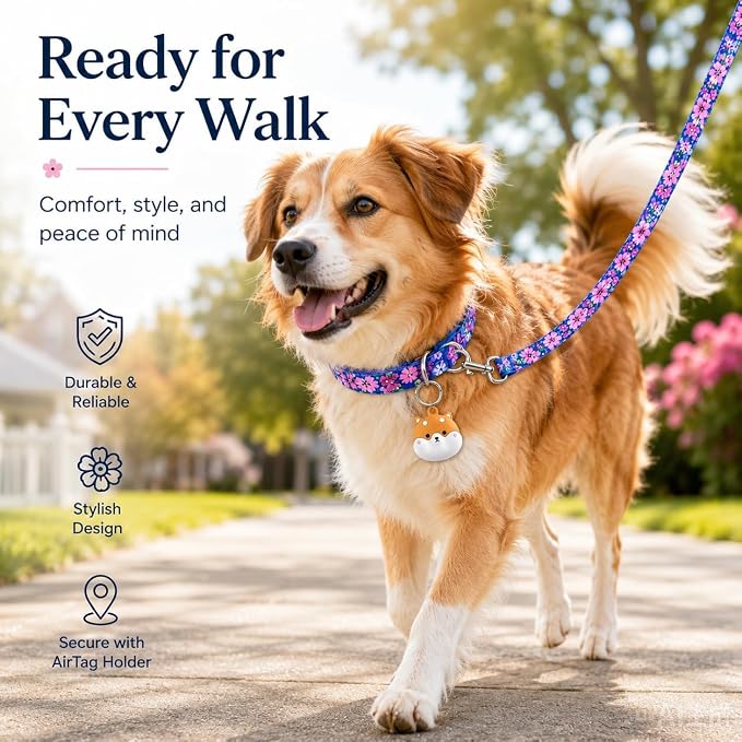 Floral Matching Dog Collar and Leash Set with AirTag Holder-Dark Flower/L | Anti-Lost,Adjustable Durable Pet Collar Leash Combo for Large Boy Girl Dogs,for Outdoor Walking Hiking Training Running