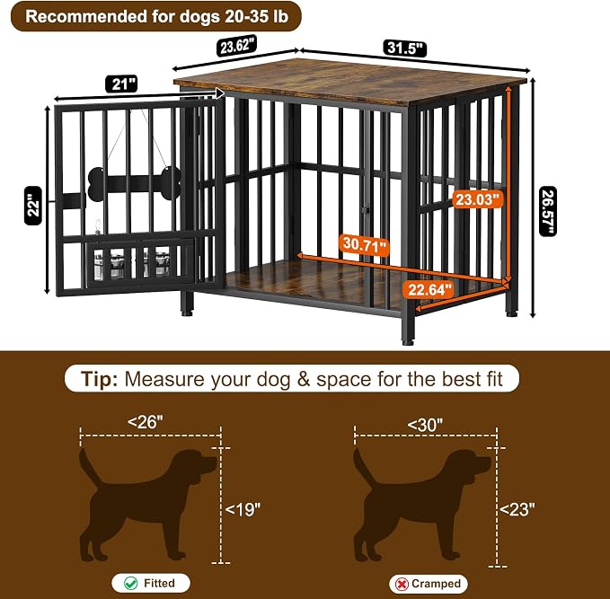 Easycom 31" Dog Crate Furniture Foldable, No Assembly, Rustic Brown | Decorative Wooden Dog Kennel Indoor With Adjustable Bowls and Name Tag, Medium Dogs(20-35 lbs), End Table
