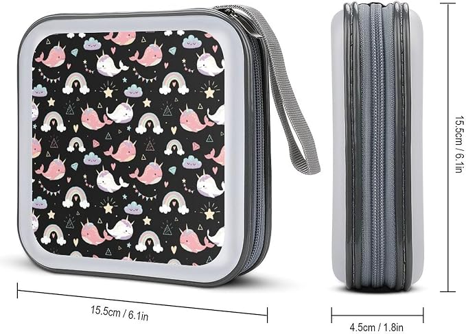 Portable 40-Capacity DVD Storage Binder Narwhals, Hard Case CD Holder with Zipper, Organizer for Music Movies Game Discs