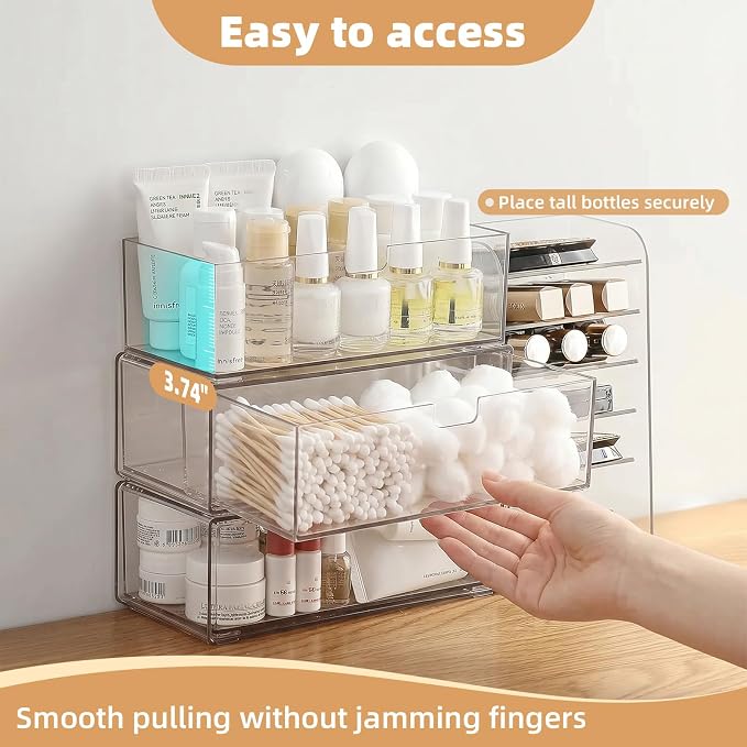 Stackable Medicine Cabinet Organizer for Bathroom, 4 Pack | Layers to Save Space, Clear Drawers, Smooth Pull-Out, Non-Slip & Place Stably, Fits Lipsticks, Cotton Swabs & Makeup