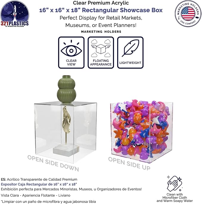 16" x 16" x 18" Clear Acrylic Display Box No Lid Versatile Square Plexiglass Retail Product Storage Bin or Merchandise Riser with One Open Side by Marketing Holders