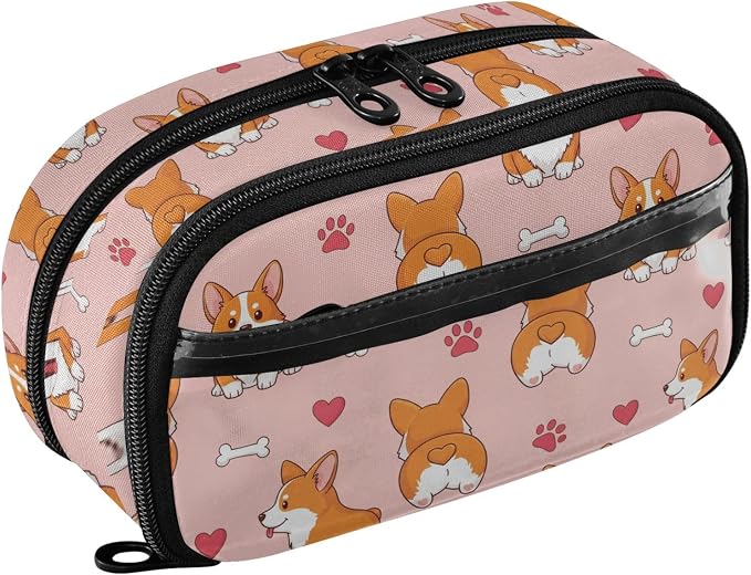Cute Pets Heart Pink print Large Capacity Pencil Case with Zipper Water Resistant Portable Organizer Pen Bag for Students School Office