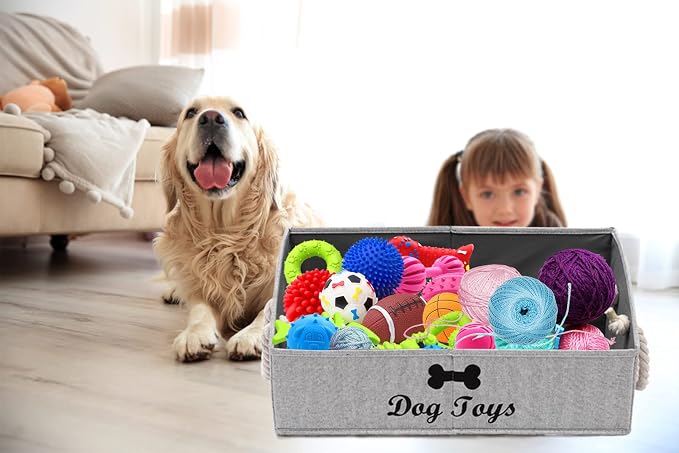 Large Dog Toys Storage Bins-Foldable Fabric Trapezoid Organizer Boxes with Weave Rope Handle,Collapsible Basket for Shelves,Dog Apparel(Striped Gray-Dog)