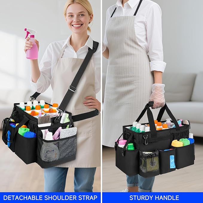 Cleaning Caddy Bag, Large Cleaning Bag for Housekeepers, Black | Cleaning Caddy Organizer for Cleaning Supplies with Handle and Adjustable Shouder Strap, Easy to Clean & Heavy Duty Design