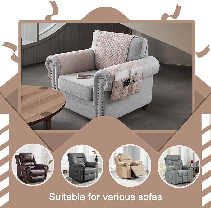 Water-Resistant Sofa Armrest and Headrest Covers with Side Pocket | Keep remotes close quilted polyester helps guard against wear, pet scratches, and kids' messes silicone backing adds grip