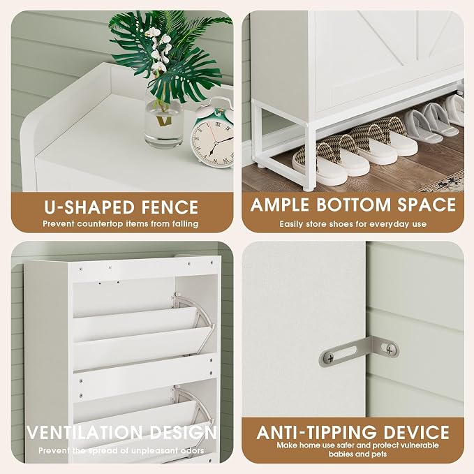 GRUSIGN Shoe Cabinet, Shoe Storage Cabinet with 2 Flip Drawers & Adjustable Shelf, Space-Saving Shoe Organizer – Holds 16+ Pairs, Narrow Shoe Cabinet Storage for Entryway/Hallway（White）
