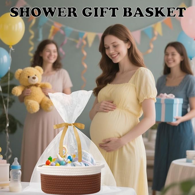 Woven Rope Basket - Baby Gift Basket with Bag & Ribbon, White&Brown | Cotton rope with handle, 12 x 8 x 5 in, gift bag and ribbon, for baby shower, birthday, toy storage, nursery, shelf decor