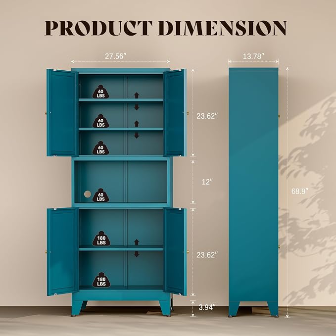 69"H Blue Storage Cabinets,Metal Cabinet with Doors and Shelves,Tall ,Bathroom Storage Cabinet,Large Cabinets with Glass Doors and Adjustable Shelves,Cabinet for Bathroom, Living Room, Dining Room