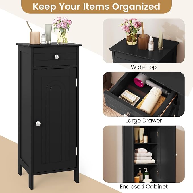 GLACER Floor Storage Cabinet, Bathroom Storage Cabinet (Black) | 2 Adjustable Shelves | Ideal for Bathroom, Living Room | 14 x 12 x 34.5 inches