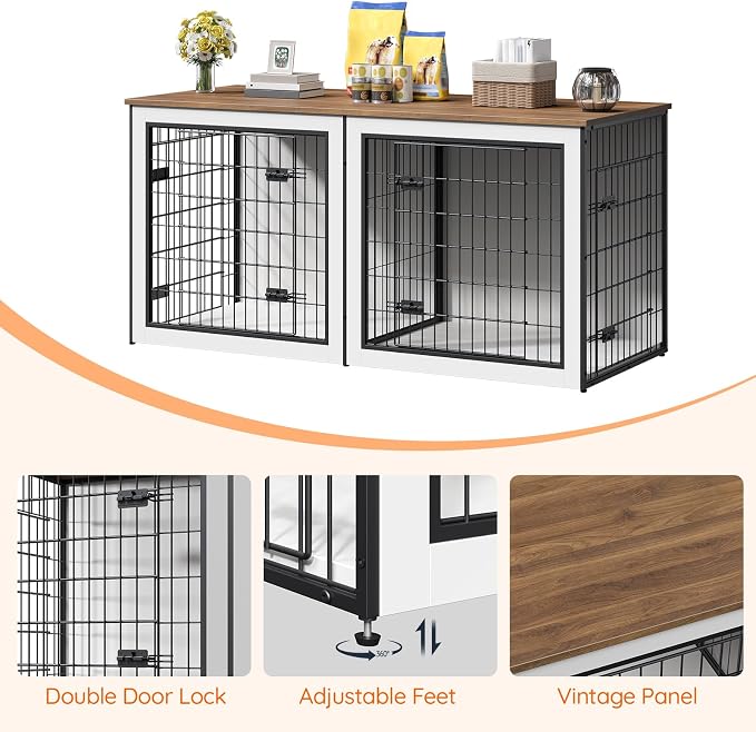 HOOBRO Dog Crate Furniture for 2 Dogs, 63" Large Double Dog Crate Furniture with Divider, Wooden Indoor Kennel TV Stand for Medium Large Dogs, White and Walnut WH55GW03