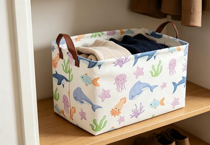 Essme Rectangular Basket, Storage Basket with Handles for Room Decor,Ocean Storage Bin（Ocean）