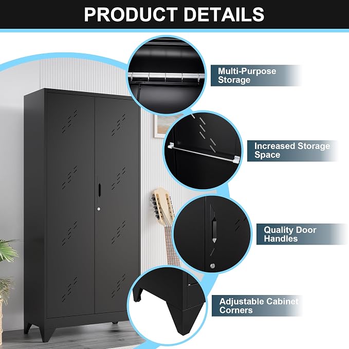 Metal Storage Cabinet, 75" Cleaning Tool Cabinet with Locking Door, Tall Storage Sheds Tool Organizer, Large Broom Cabinet for Bathroom, Laundry Room, Kitchen, Pantry, and Humid Environments