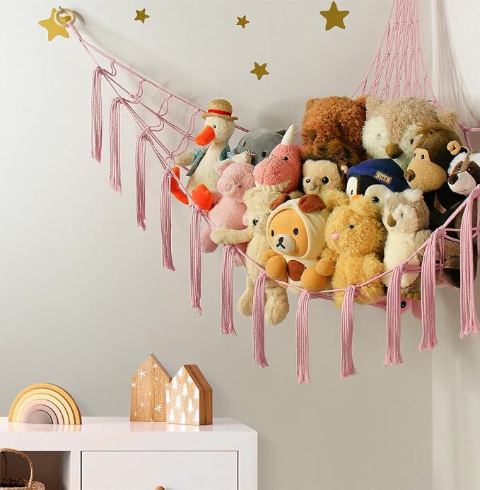 mirolam Stuffed Animal Storage Hammock Net - Toy Hammock Net for Stuffed Animals Corner - Hanging Stuff Animal Organizer Holder Large Pink Baby Nursery Room Decor