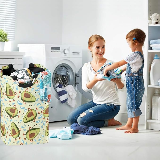 visesunny Collapsible Laundry Basket Funny Avocado Cartoon Character Large Laundry Hamper with Handle Toys and Clothing Organization for Bathroom, Bedroom, Home, Dorm, Travel