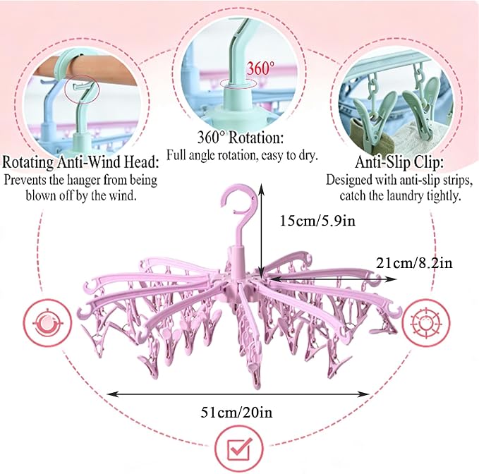 Clothes Sock Drying Hanger with 40 Clips,Foldable Hanging Rack | for Drying Socks Lingerie Baby Clothes Drying Towels Rotatable Sock Drying Rack with 40 Pegs Clips(Pink)
