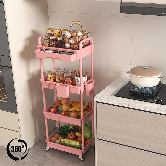 4 Tier Rolling Utility Cart with Drawer, Plastic Storage Organizer Rolling Carts with Wheels Handles Hanging Cups Hooks for Office, Bathroom, Kitchen,Craft Art Room (Pink)