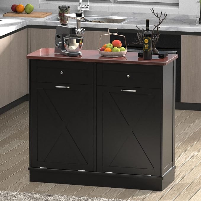 TOLEAD Double Tilt Out Trash Can Cabinet 2 x 10 Gallon Wooden Hidden Trash Cabinet with Barn Door & Solid Wood Top, Farmhouse Kitchen Garbage Bin Enclosure, Pet Proof Odor Blocking for Kitchen, Black