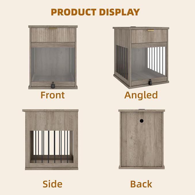 Dog Crate End Table w/Charging Station, Glass Door, Storage Drawer | Smart 3-in-1 design with built-in power hub.hideaway tempered glass door & deep drawer.Sturdy MDF build for small dogs.