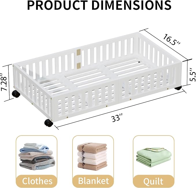 Under Bed Storage with Wheels, 2 Pcs Bamboo Drawers for Clothes and Toy | 360° wheels glide smoothly, Sturdy bamboo frames hold clothes, shoes, bedding and toys. Easy pullout access keeps rooms tidy
