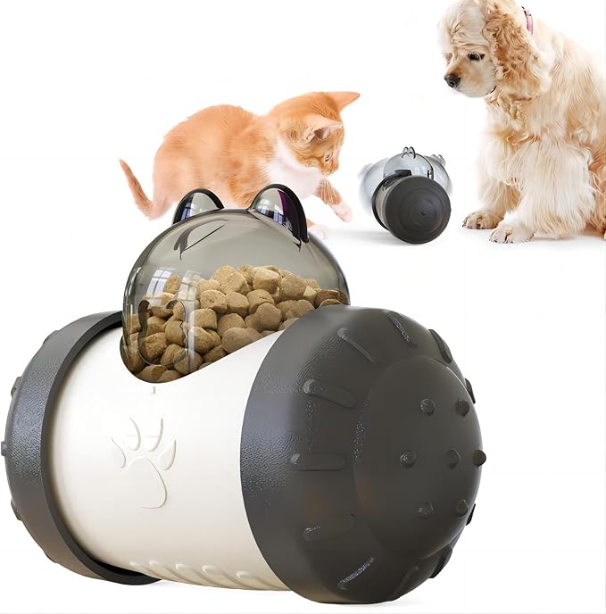 KAYNO Pet, cat and Dog Treat Dispenser Toys, pet Puzzle Food Funnel Toys, Food Grade Material, Non-Tipping, Clear Food Storage bin and Wheel Sliding Design. (Black)