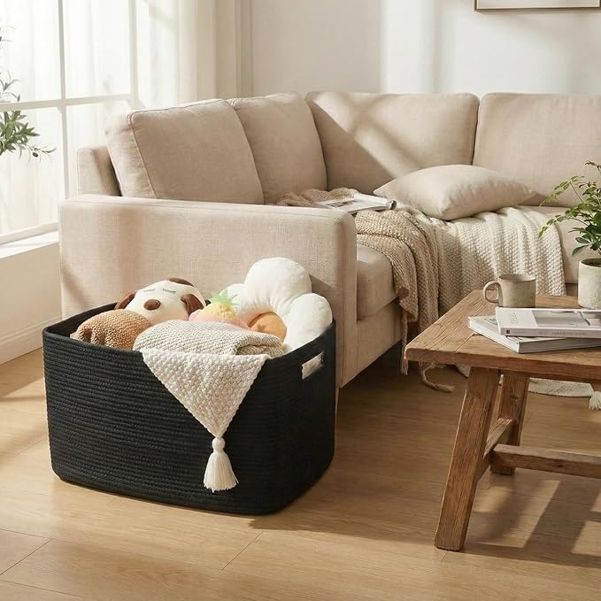 JMvicyroam 96L Large Woven Cotton Rope Blanket Basket, Black | Blanket storage for living room or bedroom use, Freestanding with reinforced handles, Entire basket is machine washable