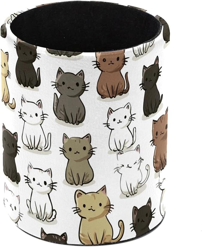 Faux Leather Pen Holder for Desk, Pencil Organizer Cute Cat Pen Cup Desk Decor Makeup Brush Holder Storage for Office Home