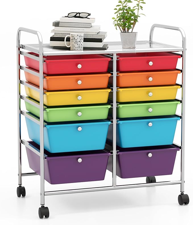 12 Drawer Rolling Storage Cart, Art Cart Organizer on Wheels, Mobile Utility Cart with Drawers, Multipurpose Craft Drawers for Home Office School Classroom (Multicolor)