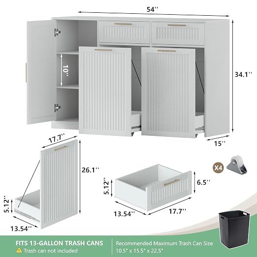 Double 13 Gallon Pull Out Trash Can Cabinet with Storage Cabinet,White | Pet Proof Hidden Garbage Can Cabinet,3-Tier Shelves,Fluted Design,Extra Drawer Space,Kitchen & Dining Room Organization