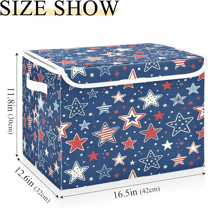 July 4th Patriotic Storage Bins with Lids Large Stars and Stripes Storage Basket with Handles Foldable Fabric Storage Box Organizer for Clothes Closet Cabinet Home Office Bedroom