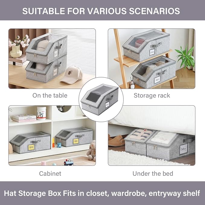 Furlide Hat Organizer for Baseball Caps, 2 Pack Stackable Storage Boxes | Protects 24-30 Caps From Dust and Pet Hair; Stackable Base, Clear Window, Front Opening and Handles Simplify Closet Storage.