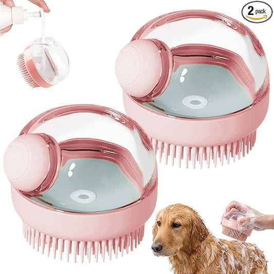 2 Pcs Dog Bath Brush, 2 in 1 Dog Grooming Brush with Built-in Shampoo Dispenser, Pet Grooming Massage Shampoo Bath Brush Soft Silicone Bristle for Long Short Haired Dogs Cats Shower-Pink