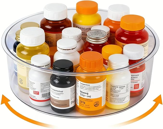 Medicine Bottle Organizer, Rotating Medicine Organizer for Cabinet, 11.98" Diameter, Large Capacity Transparent Pill Bottle Storage for Vitamin Pantry Countertop