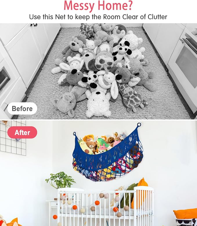 Stuffed Animal Hammock - Extra Large 63'' Long (Sapphire blue) | Premium Cotton Hand-knitted, Beautiful Long Tassel, Storage Hanging Organizer, Can Fit Stuffed Animals 40 Piece or More