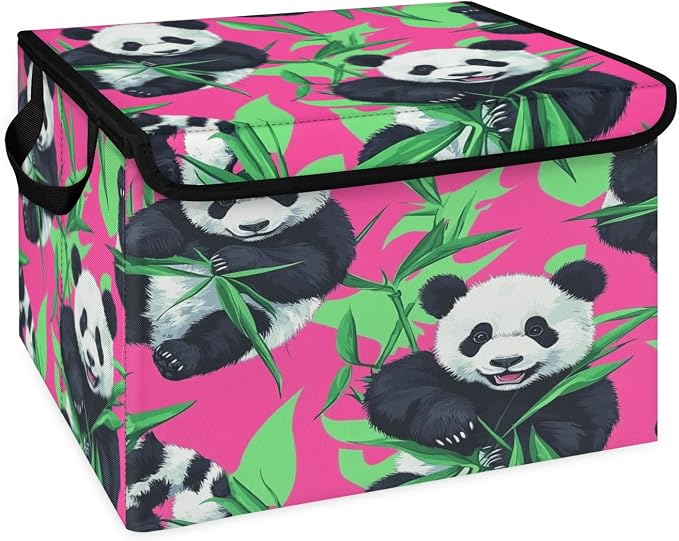 Panda Storage Bins with Lids, Bamboo Foldable Storage Boxes with Carrying Handle Organizer Containers Baskets Cube for Home Bedroom Closet