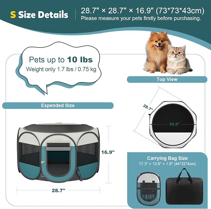 Portable Pet Playpen for Cat Dog: Foldable Cat Playpen Enclosed Pet 10lbs | Small Puppy Kitten Pop Up Collapsible Tent Crates Kennel Carry Bag 600D Oxford Waterproof Base Indoor Outdoor Travel Camping
