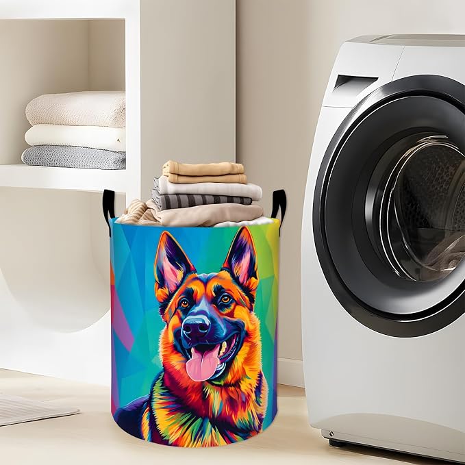 Colorful German Shepherd Laundry Basket, Cute Puppy Pet Dog Storage Hamper, Round Collapsible Waterproof Cloth Bin, 19.7x15.7 Inch Cartoon Art Clothes Organizer Gifts for Bathroom Decor