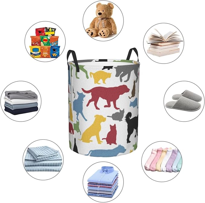Cats And Dogs Animal Silhouettes Domestic Pets Cartoon Portable Round Hamper For Bedroom Bathroom