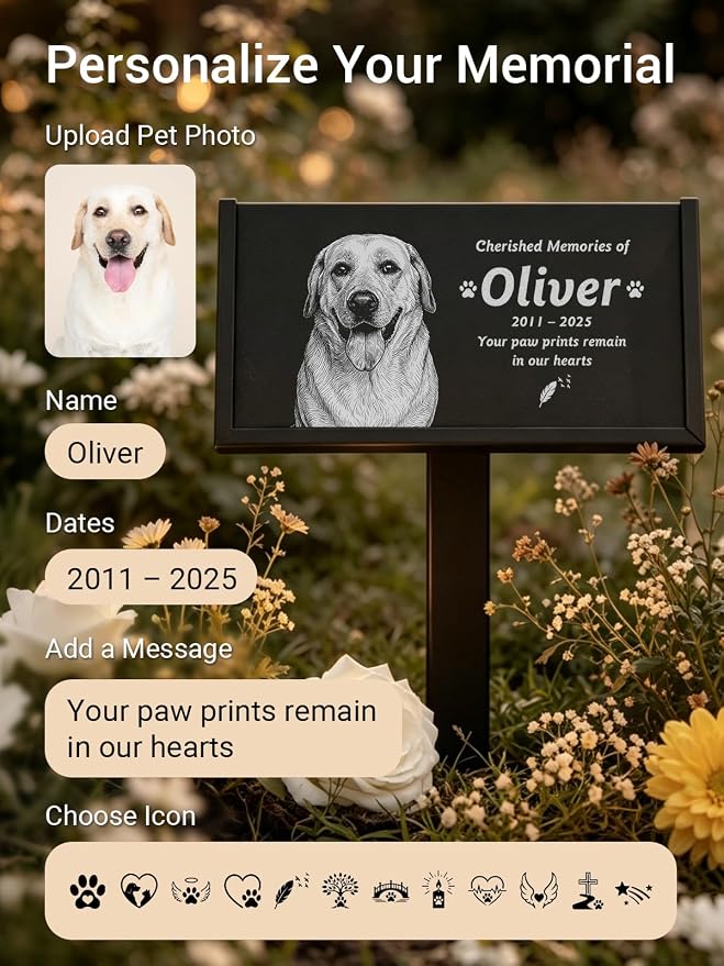 Personalized Pet Memorial Stone, Custom Engraved Black Granite Pet Headstone with Photo and Text, Customized Gifts for Dog Cat Pet Loss Remembrance