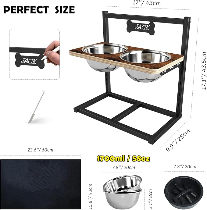 ADENGL Elevated Dog Bowls with Slow Feeder - 9 Heights Adjustable Raised Dog Bowl Stand with Two 1.7L Stainless Steel Dog Food Bowls & Slow Feeder and a Nonslip Pad, Perfect for Medium Large Breed