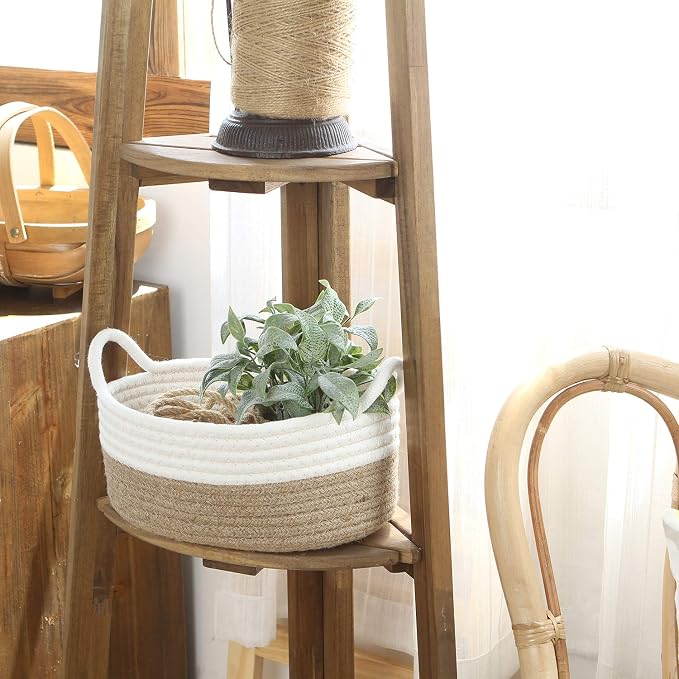 Sea Team 2-Pack Compact Woven Cotton Rope Storage Baskets, Flaxen | Knitted Decorative Organizer Bins with Handles, Portable Oval Containers for Small Items, Keys, Makeup, Jewelry, Trinkets