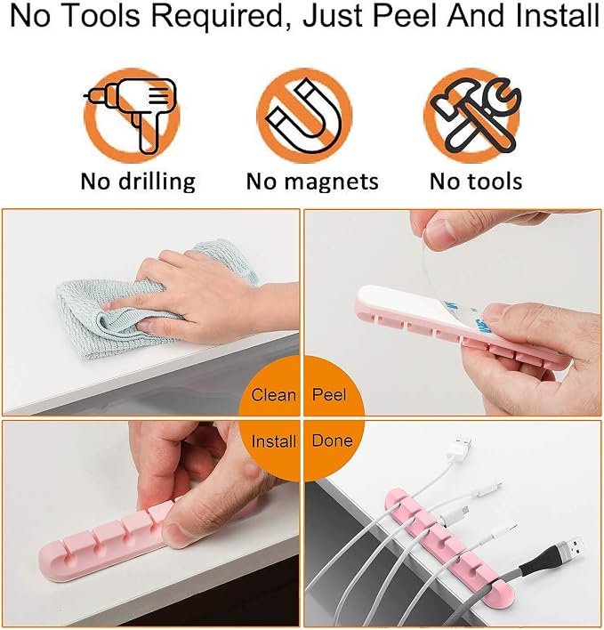TviewSmart Cord Organizer for Desk, 5 Pack Cord Holders, Cable Clips, Pink | Silicone cable management clips self adhesive for nightstand and charger, 7-5-3-1-1 slots hold USB and phone cords up to 6 mm