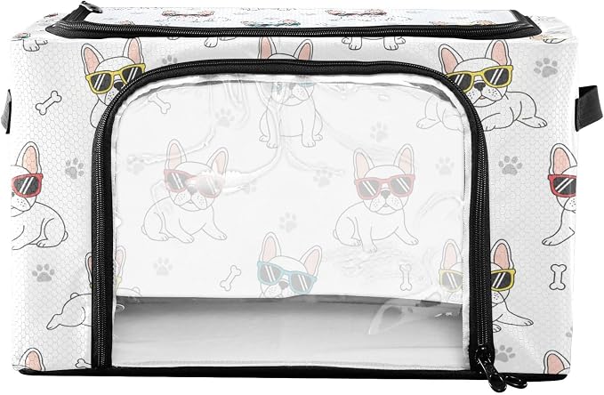 Funny Pets Dogs White pattern Under Bed Storage Containers with Double Zipper Openings, Foldable Clothes Storage Bins with Clear Window and Handles for Comforters Blankets Bedding