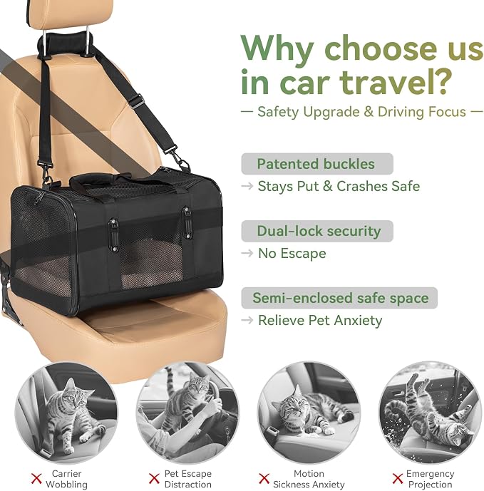 Petsfit Large Cat Carrier for Car Travel, Patented Seat Belt Buckle, 20 lb | 19 x 12 x 12 in; for large cats and small dogs, with locking zippers, anti-scratch mesh, reinforced frame and washable pad.