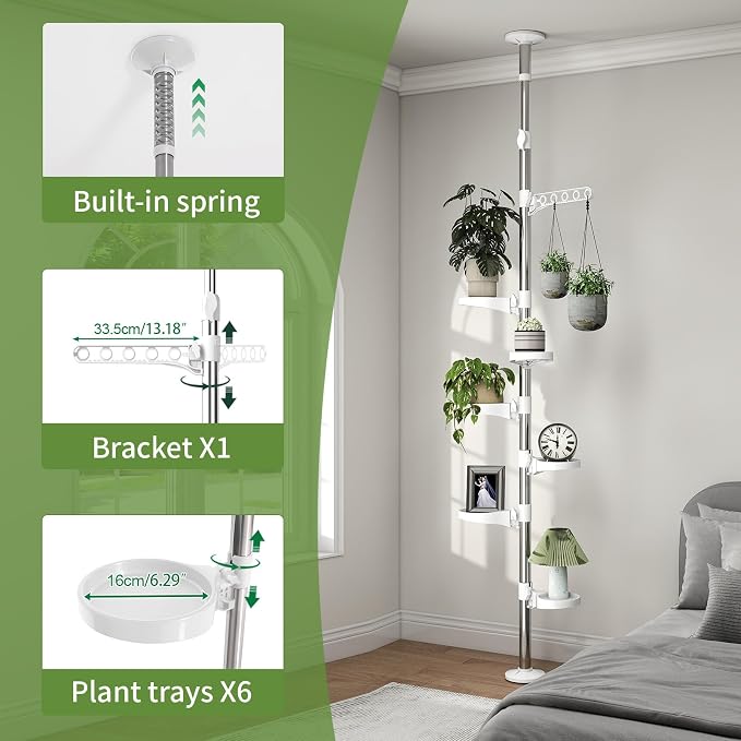 BAOYOUNI Plant Stand 7-Tier Tension Pole Metal Flower Rack Corner Ivory | Spring Loaded Pole,No Drilling Required ，Adjustable Height ,Space-Saving Corner Design， Holds Multiple Flower Pots
